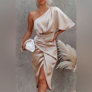 Glam Expectations One Shoulder Satin Drape Dress